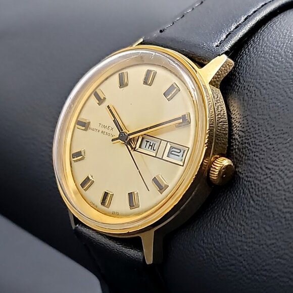Vintage Timex Marlin Mechanical Gold-Tone Day-Date Watch – Serviced, New Strap, - Picture 2 of 6